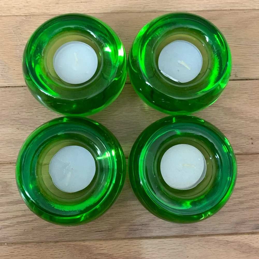 (4) CRATE & BARREL Dark Green Tea Light Candle Heavy Weight Votives